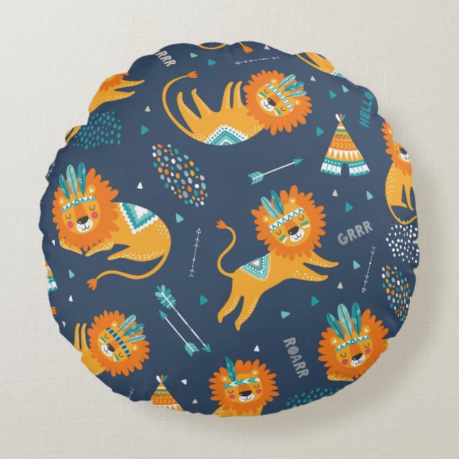 Tribal Lions Cartoon Seamless Pattern Round Cushion (Front)