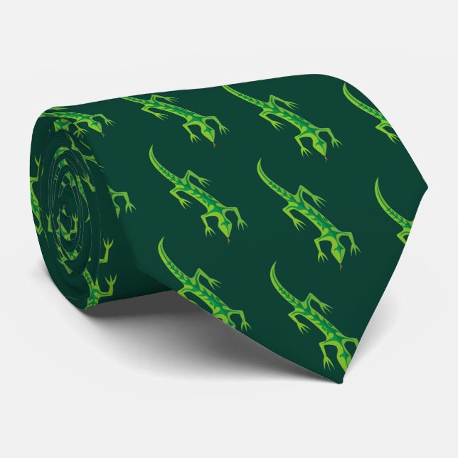 Tribal Lizard Green Pattern Tie (Rolled)