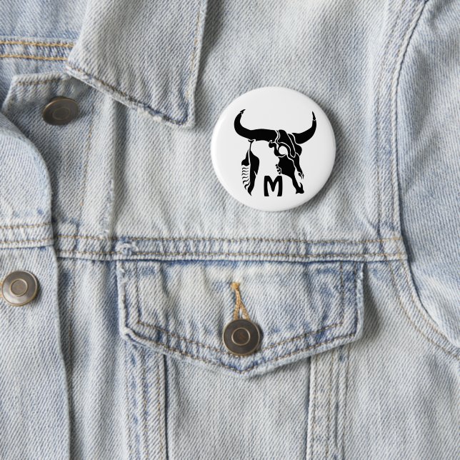 Tribal Longhorn Bull Skull with Black Feather 6 Cm Round Badge (In Situ)