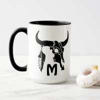 Tribal Longhorn Bull Skull with Black Feather