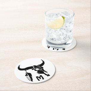 Tribal Longhorn Bull Skull with Black Feather Round Paper Coaster