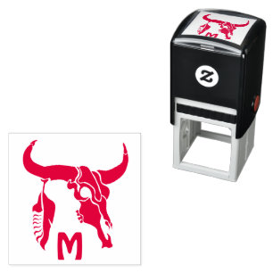 Tribal Longhorn Bull Skull with Black Feather Self-inking Stamp