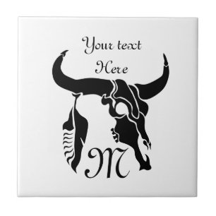 Tribal Longhorn Bull Skull with Black Feather Tile