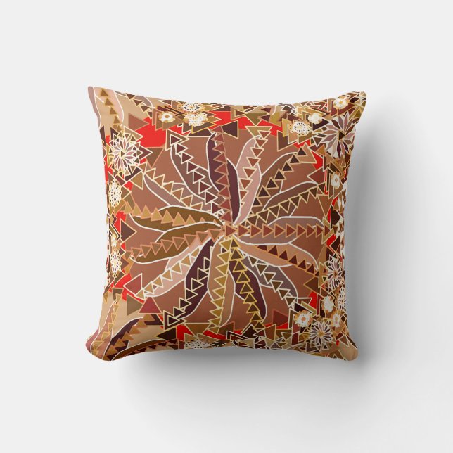 Tribal Mandala Print, Brown, Beige and Red Cushion (Front)