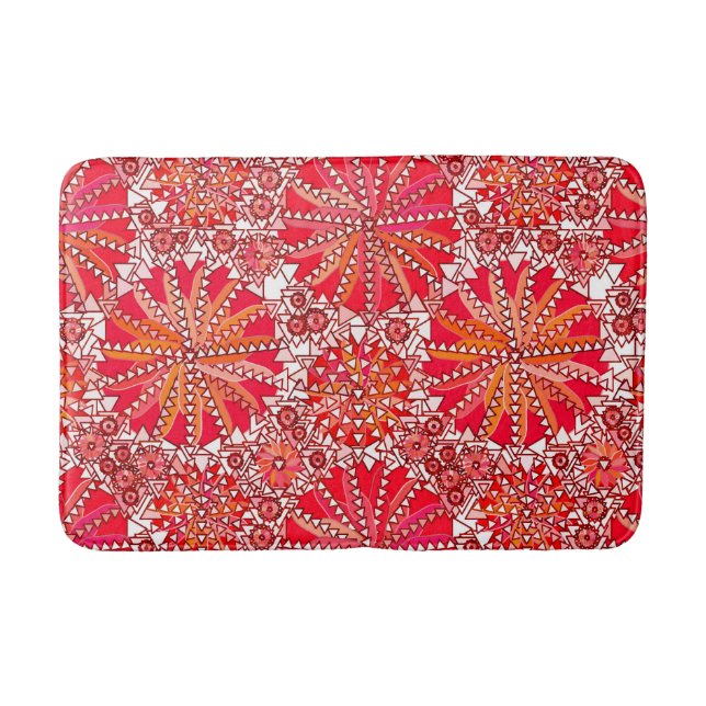 Tribal Mandala Print, Coral Red and White Bath Mat (Front)