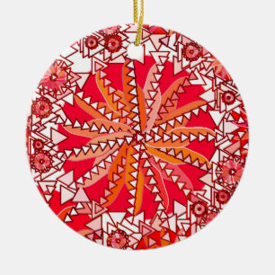Tribal Mandala Print, Coral Red and White Ceramic Tree Decoration