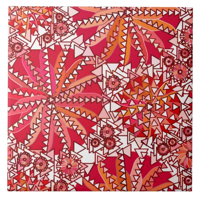 Tribal Mandala Print, Coral Red and White Tile (Front)