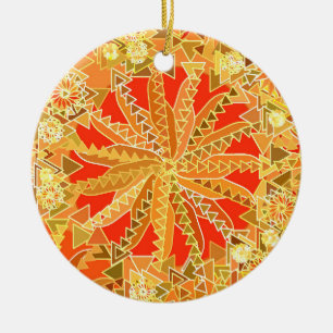 Tribal Mandala Print, Mustard Gold and Orange Ceramic Tree Decoration