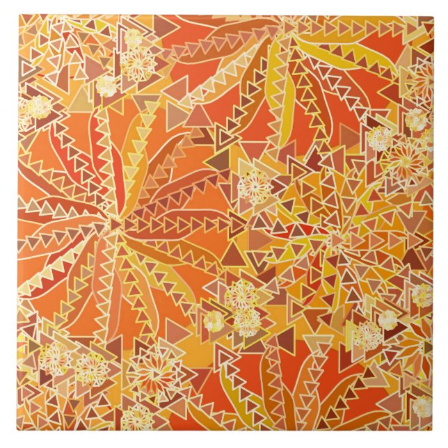 Tribal Mandala Print, Orange and Mustard Gold Tile (Front)
