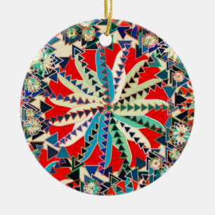 Tribal Mandala Print, Red, Blue and Cream Ceramic Tree Decoration