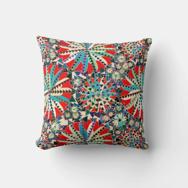 Tribal Mandala Print, Red, Blue and Cream Cushion (Front)