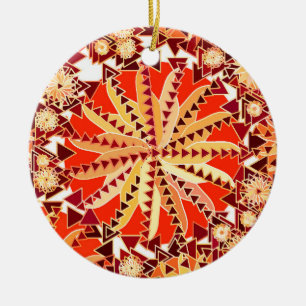 Tribal Mandala Print, Rust Orange and Brown Ceramic Tree Decoration