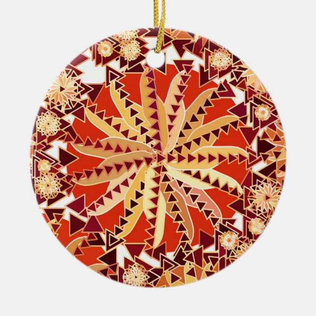 Tribal Mandala Print, Rust Orange and Brown Ceramic Tree Decoration (Front)