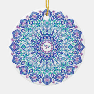Tribal Manta Mandala on White Ceramic Tree Decoration