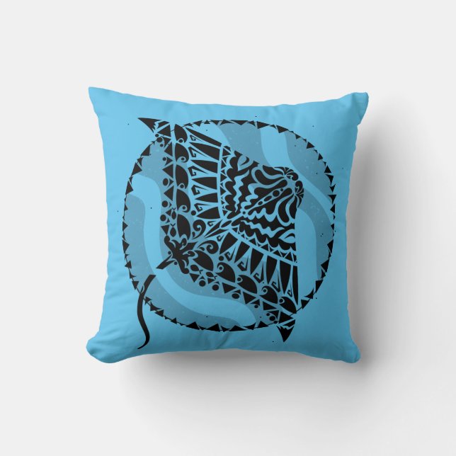 Tribal Manta Ray Blue Throw Pillow (Front)