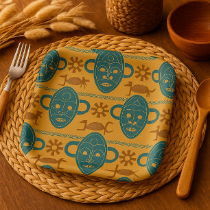 Tribal Mask African Ethnic Face Pattern Paper Plate
