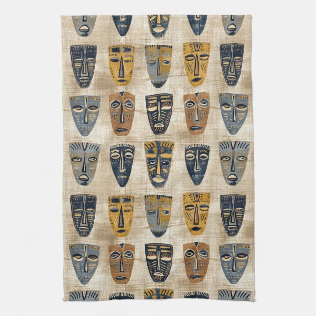 Tribal Mask Boho Pattern Tea Towel (Vertical)