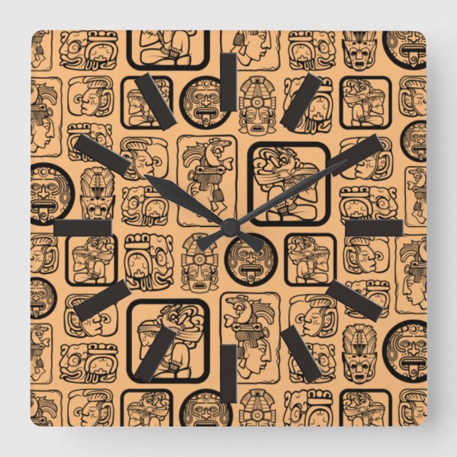 Tribal MAYA ancient mask pattern 1 Square Wall Clock (Front)