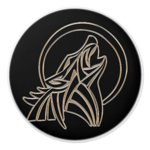 Tribal Metallic Howling Wolf Emblem Ceramic Knob