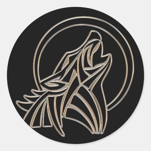 Tribal Metallic Howling Wolf Emblem Classic Round Sticker (Front)