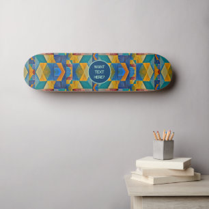 Tribal Mosaic: Blue Orange Teal Shapes - add text  Skateboard