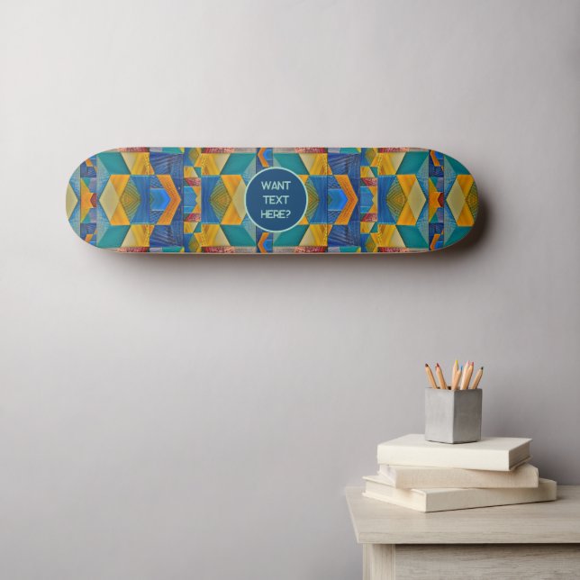 Tribal Mosaic: Blue Orange Teal Shapes - add text  Skateboard (Wall Art (Horz))