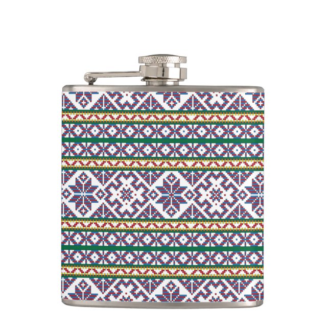 Tribal Multicolored ancient symbol folk art design Hip Flask (Front)
