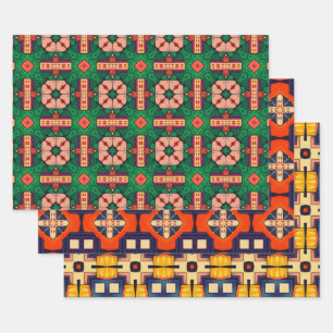 Tribal Native Art In Bold Colors Pattern Set 8 Wrapping Paper Sheet
