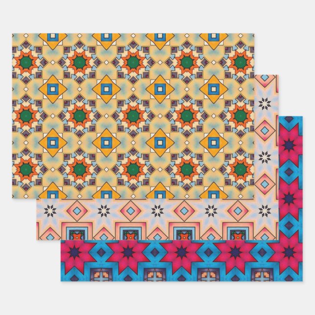 Tribal Native Art In Bold Colours Pattern Set 3 Wrapping Paper Sheet (Set)