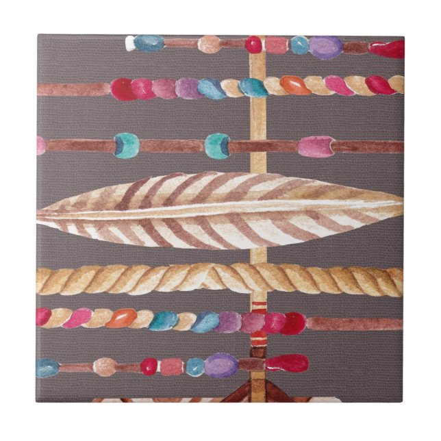 Tribal Native Beads Arrows Rope Pattern Collage Tile (Front)