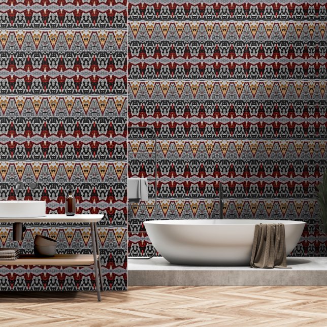 Tribal Native Red Grey Black Gold Pattern Wallpaper (Bathroom)