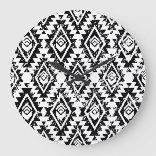 Tribal Navajo: black white geometric. Large Clock