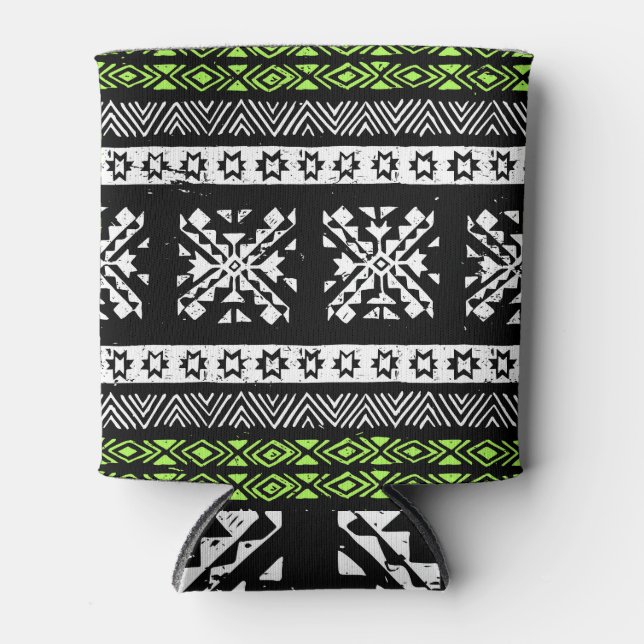 Tribal Navajo, black white green pattern. Can Cooler (Front)