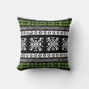 Tribal Navajo, black white green pattern. Cushion