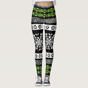Tribal Navajo, black white green pattern. Leggings