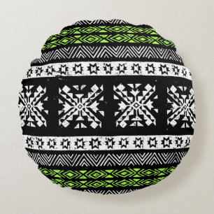 Tribal Navajo, black white green pattern. Round Cushion