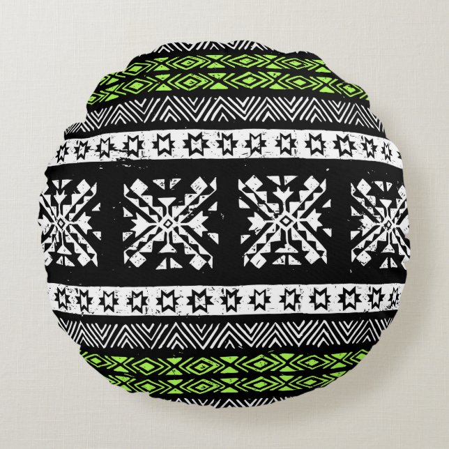 Tribal Navajo, black white green pattern. Round Cushion (Front)