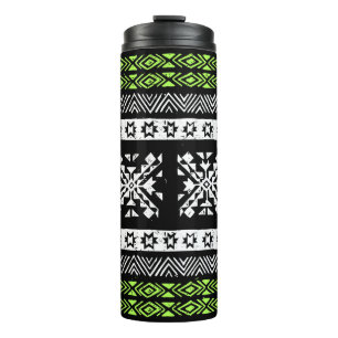 Tribal Navajo, black white green pattern. Thermal Tumbler
