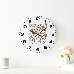 Tribal Owl Line Art Modern Brown Abstract Large Clock