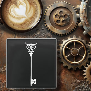 Tribal Owl Skeleton Key Black White Gothic Glass Coaster