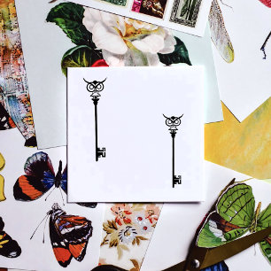 Tribal Owl Skeleton Key Black White Gothic Rubber Stamp