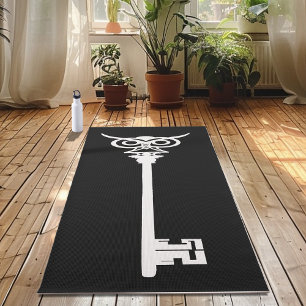 Tribal Owl Skeleton Key Black White Gothic Yoga Mat