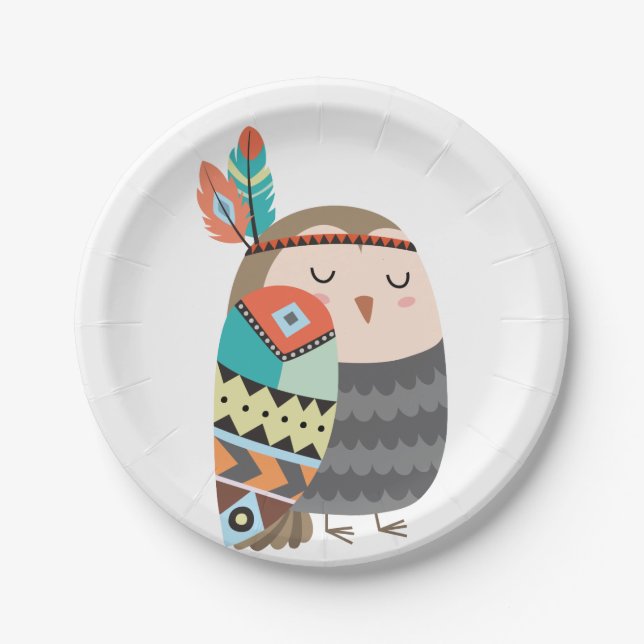 Tribal Owl Woodland Forest Birthday Boho Baby Paper Plate (Front)