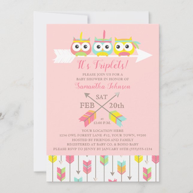 Tribal Owls Triplets Baby Shower Invitation (Front)