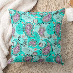 Tribal paisley pattern bright traditional turquois cushion