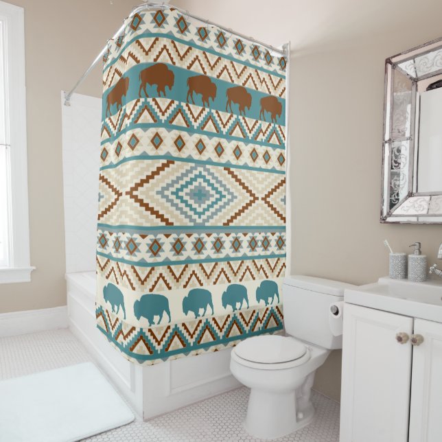 Tribal Pattern Southwest Buffalo Bison Woodland Shower Curtain (In Situ)