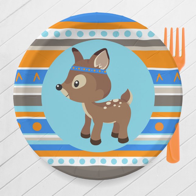 Tribal Patterned Woodland Deer Party Paper Plates (Tribal Patterned Woodland Forest Deer Part Paper Plates in Blue, Baby Blue. Orange, Brown & Tan)