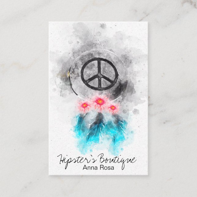 *~* Tribal Peace Sign Feathers Flowers Boho Grunge Business Card (Front)