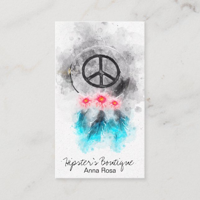 *~* Tribal Peace Sign Feathers Flowers Grunge Boho Business Card (Front)