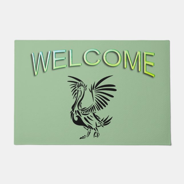 Tribal Pelican Art on Green Doormat (Front)